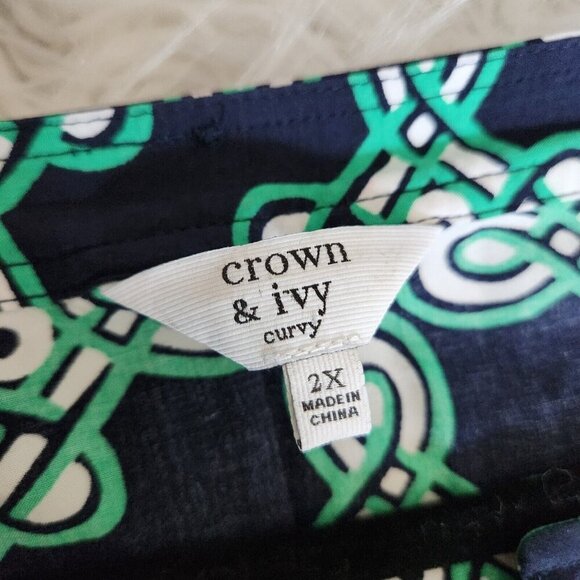 Crown & Ivy Blouse Womens 2X Pullover XXL Boho Top Bell Sleeves Blue/Green Beach - Picture 4 of 11